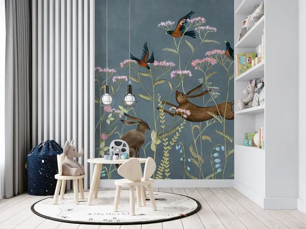 Фотообои флизелиновые ФабрикаФресок Зайцы в цветах 200х270см, обои в детскую, в спальню, гостиную