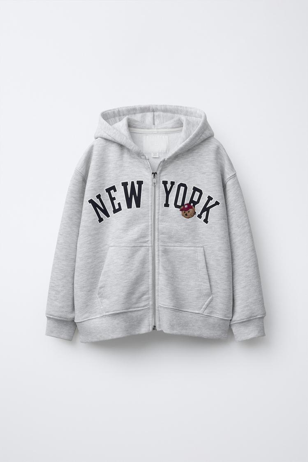 ZARA ТОЛСТОВКА НА МОЛНИИ С ВЫШИВКОЙ «МЕДВЕДЬ», СЕРЫЙ МЕЛАНЖ