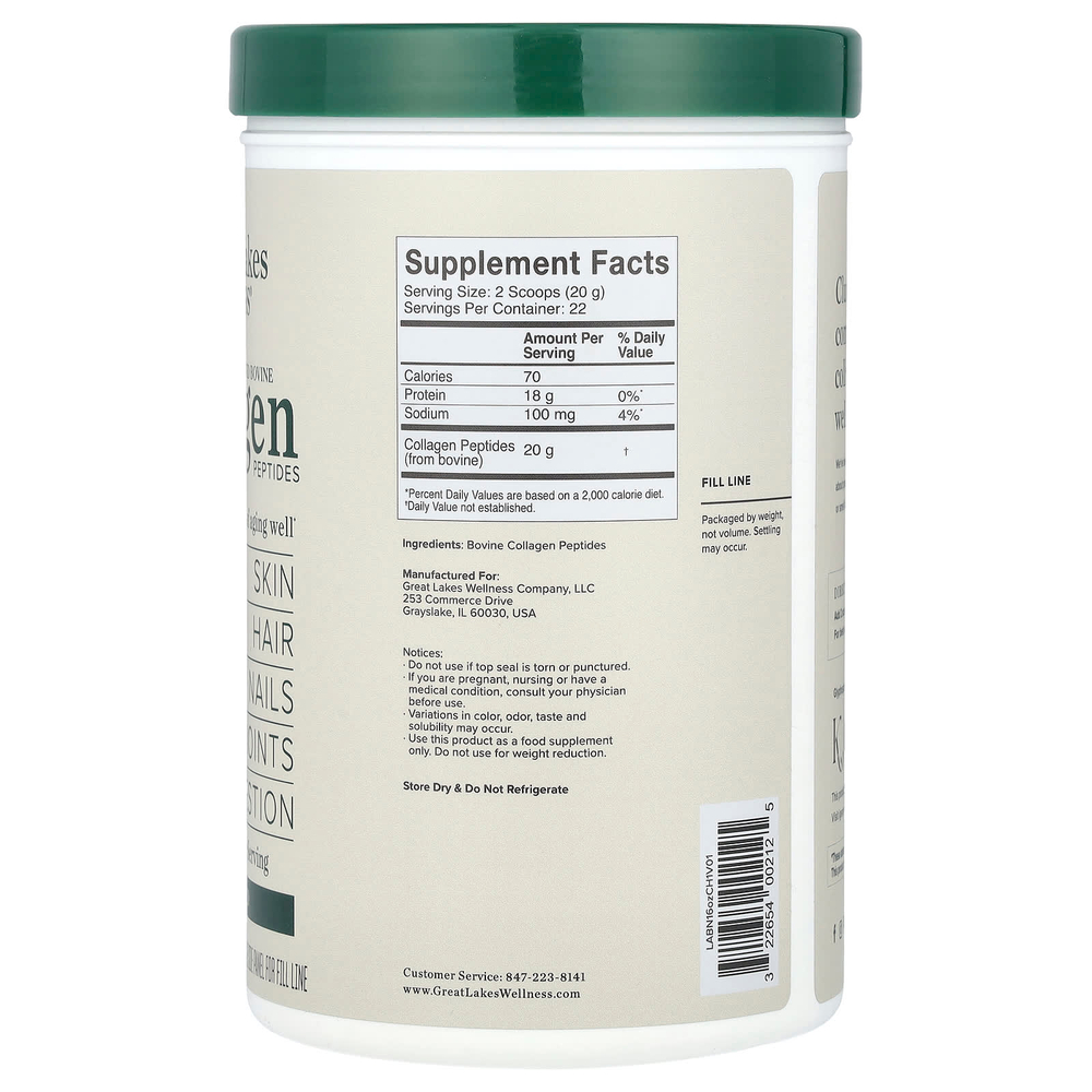 Great Lakes Wellness, Быстрорастворимые пептиды коллагена, Daily Wellness, без добавок, 454 г (16 унций)