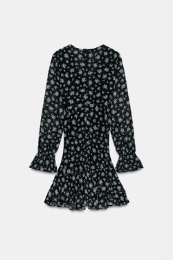 ZARA ПЛАТЬЕ ИЗ ТКАНИ С ЦВЕТОЧНЫМ ПРИНТОМ С ВОЛАНАМИ, ЧЕРНЫЙ/БЕЛЫЙ