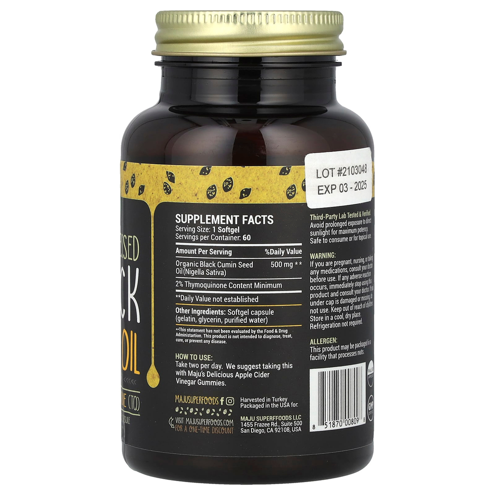 Maju Superfoods, масло черного тмина холодного отжима, 500 мг, 60 капсул
