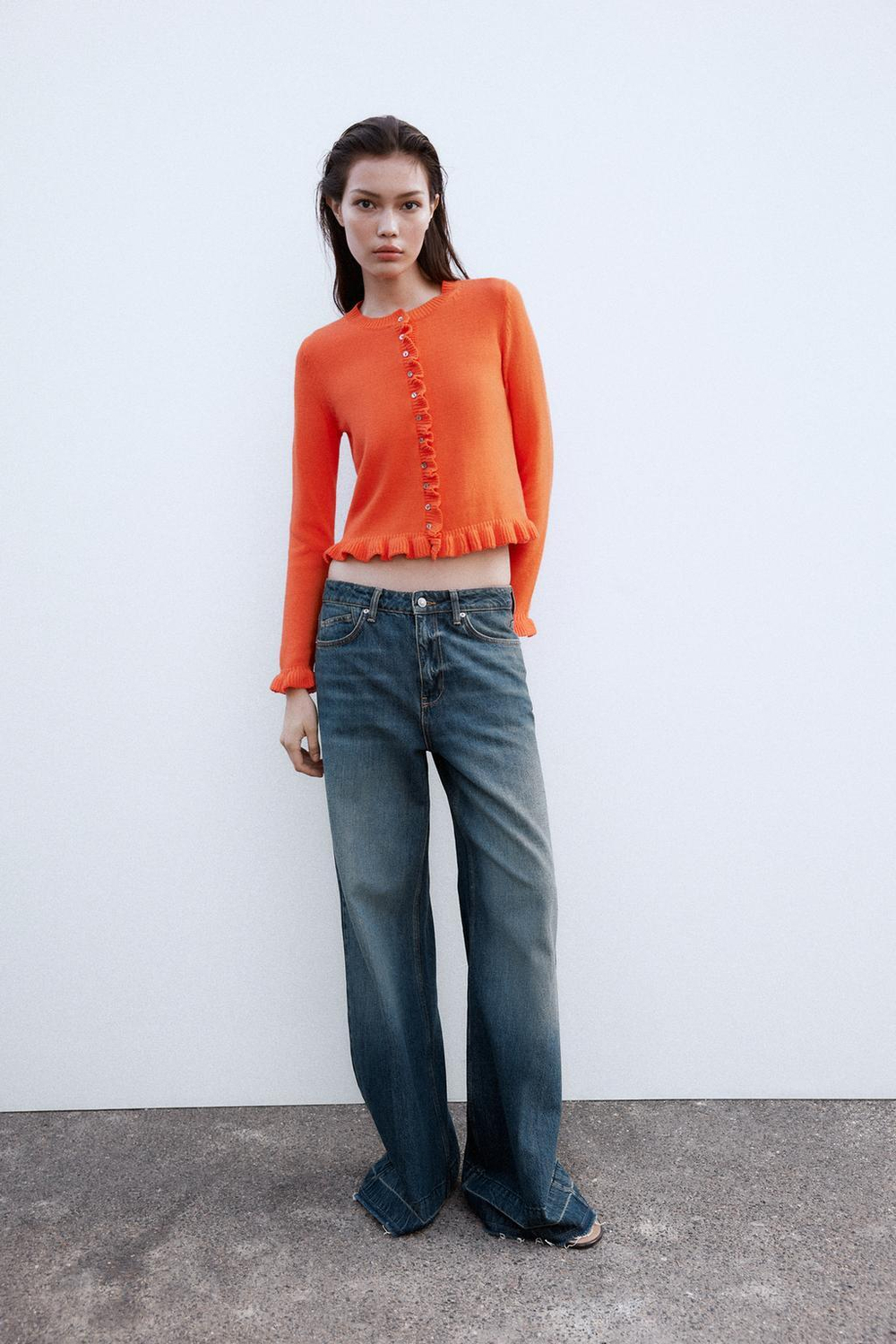 ZARA ТРИКОТАЖНЫЙ КАРДИГАН С ВОЛАНАМИ, ОРАНЖЕВЫЙ