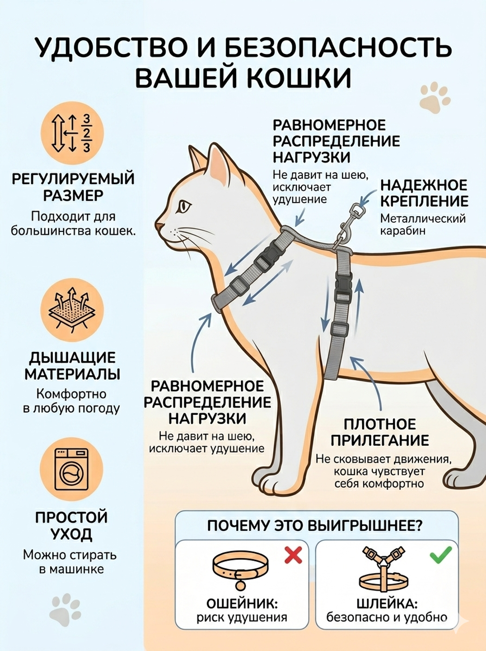 Шлейка с поводком «Веселая прогулка» 120см цвет светло - голубой