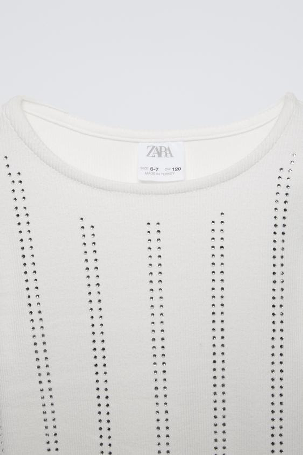 ZARA ФУТБОЛКА В РУБЧИК СО СТРАЗАМИ, БЕЛЫЙ