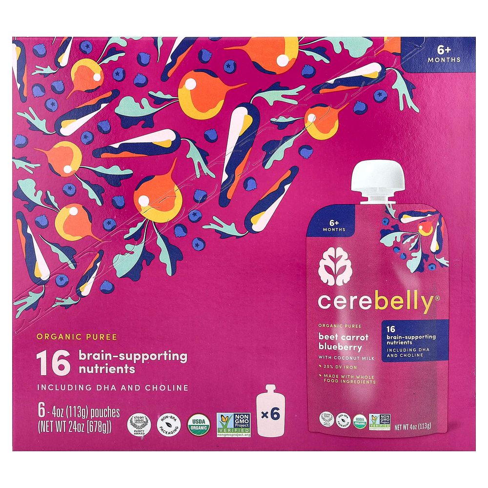 Cerebelly, органическое пюре, для детей от 6 месяцев, свекла, морковь, голубика с кокосовым молоком, 6 пакетиков по 113 г (4 унции)