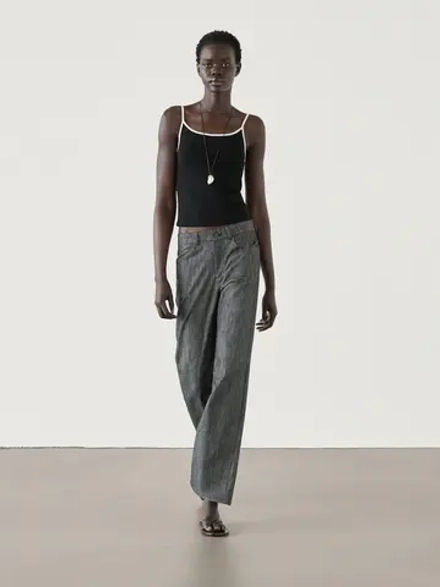 Massimo Dutti Хлопковый топ на бретелях с контрастной окантовкой, черный