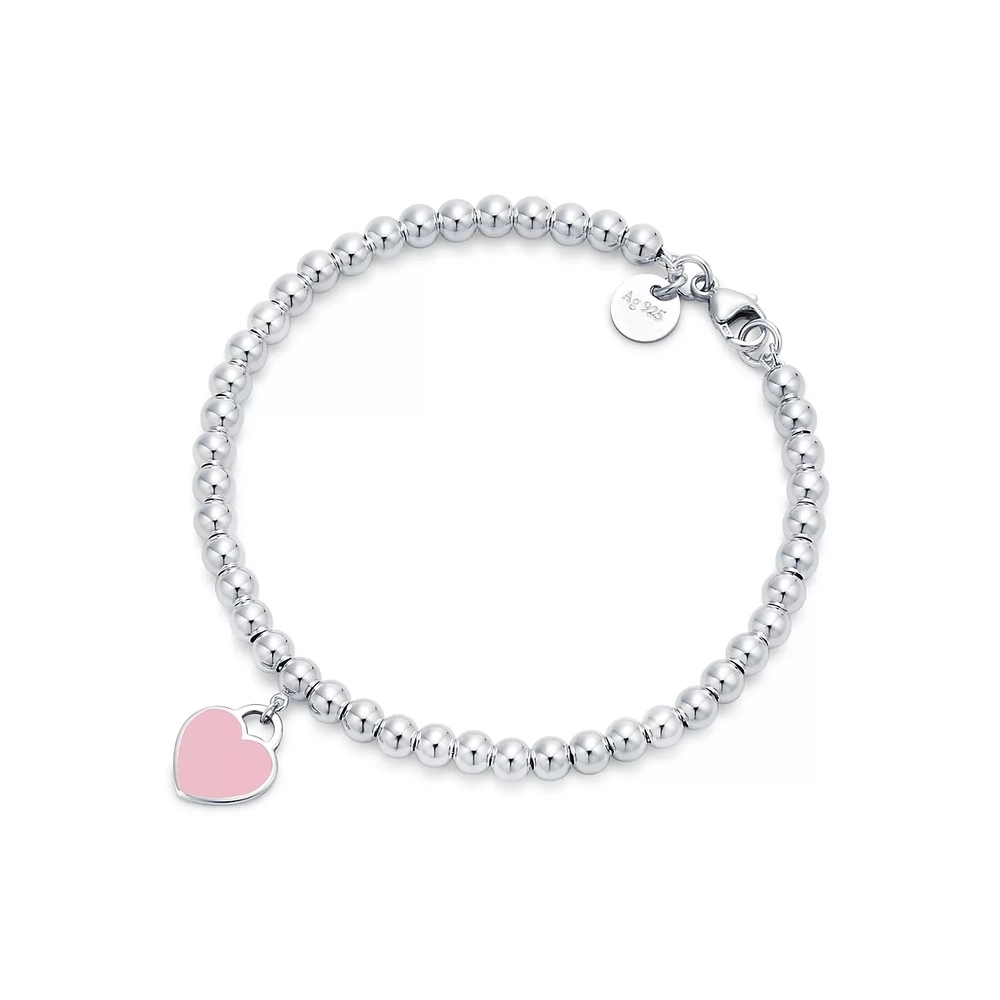 Браслет из серебра, 925 , Tiffany, с сердцем покрытым розовой эмалью💖 В наличии