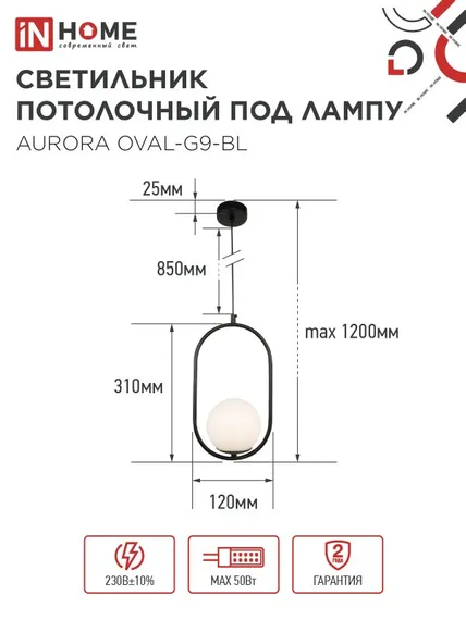 Светильник подвесной под лампу AURORA OVAL-PN-G9-BL 1хG9 матовый плафон, черный корпус 1м IN HOME