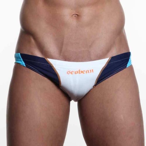 Мужские плавки брифы белые с синими вставками Seobean Swim Brief