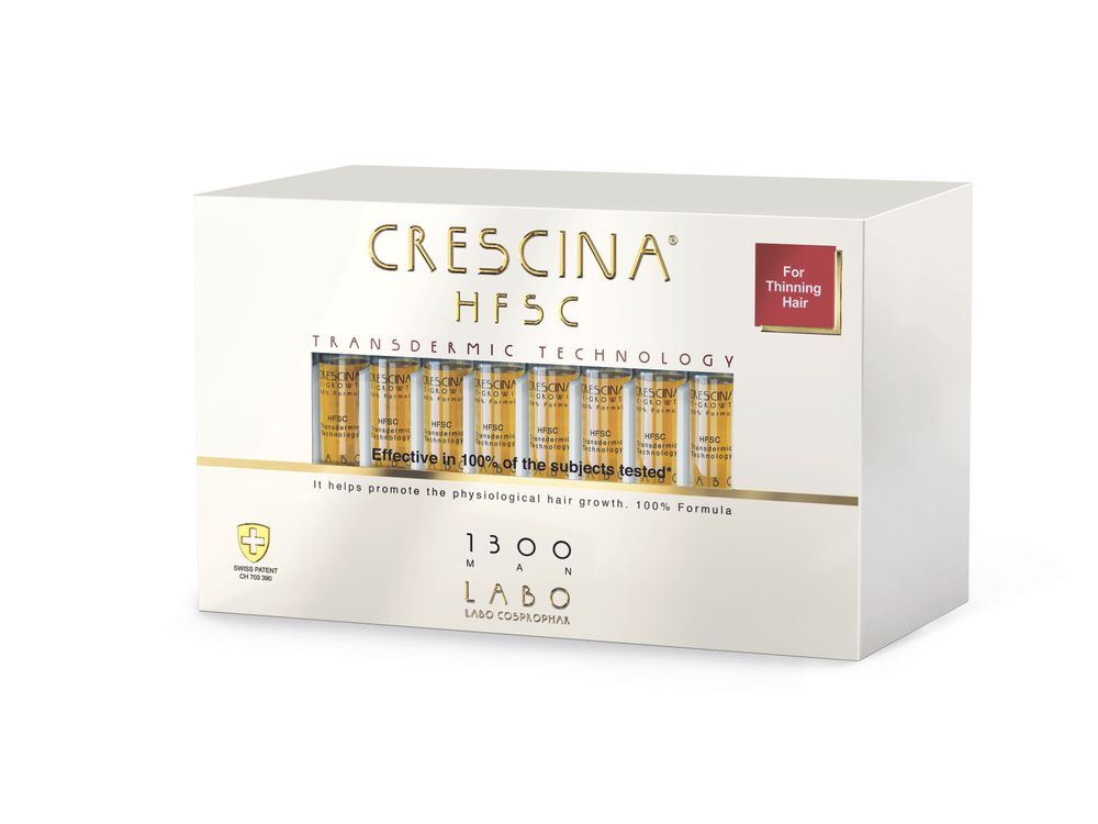 Crescina Transdermic HFSC 100% RE-GROWTH лосьон для возобновления роста волос для мужчин. Дозировка 1300 / 40 ампул по 3,5 мл