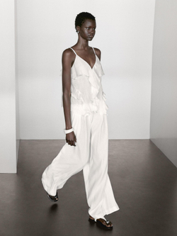 Massimo Dutti Брюки-палаццо из льняной смеси с вытачками, кремовый