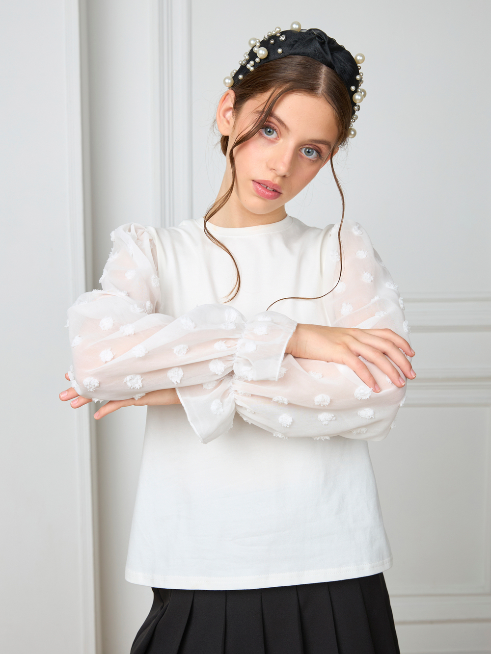 Блузка школьная для девочки рукав шифон молочная