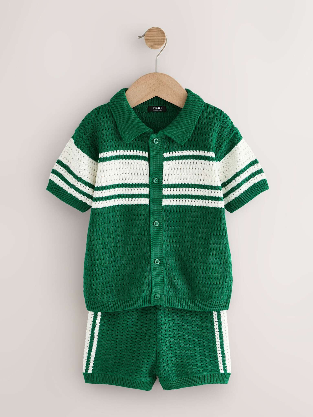 Кардиган вязаный с коротким рукавом и шорты вязаные в комплекте для мальчика Next AA9-511, Зеленый, Молочный