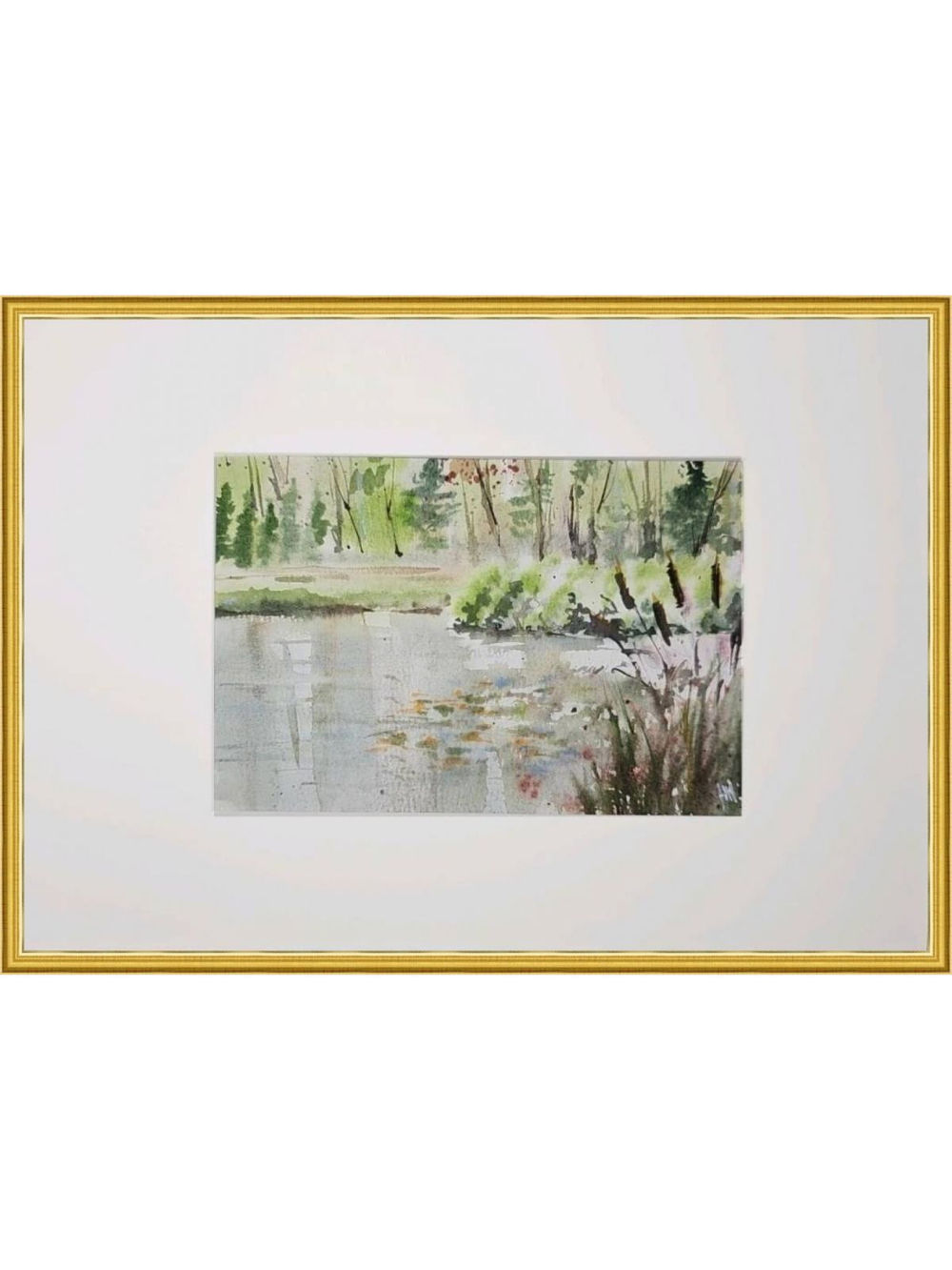 Картина авторская акварельная в паспарту 21х30 см на стену для интерьера "Пруд у беседки в Веребково"