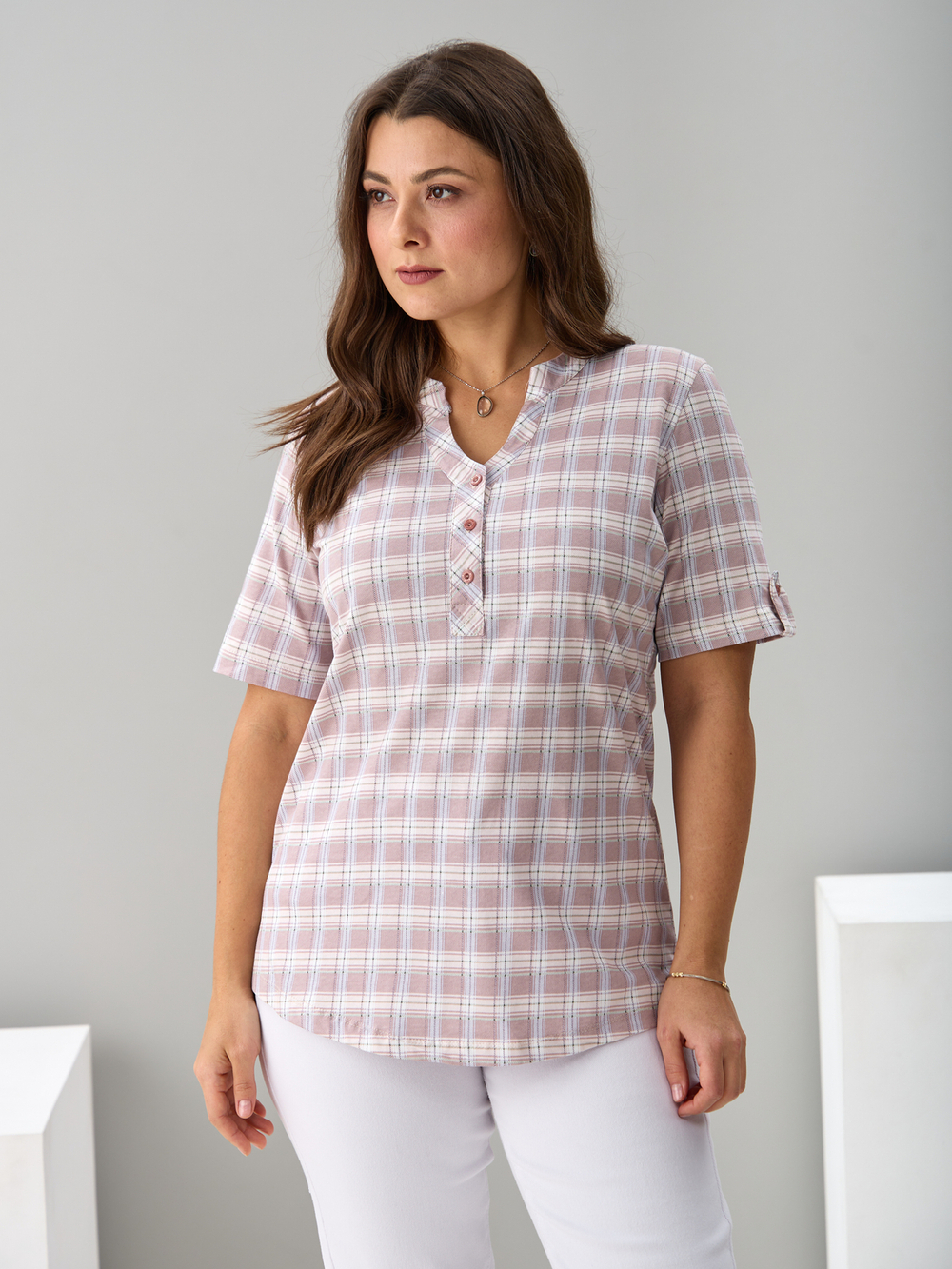 Блузка БЛ-122/клетка-бежевоголубая