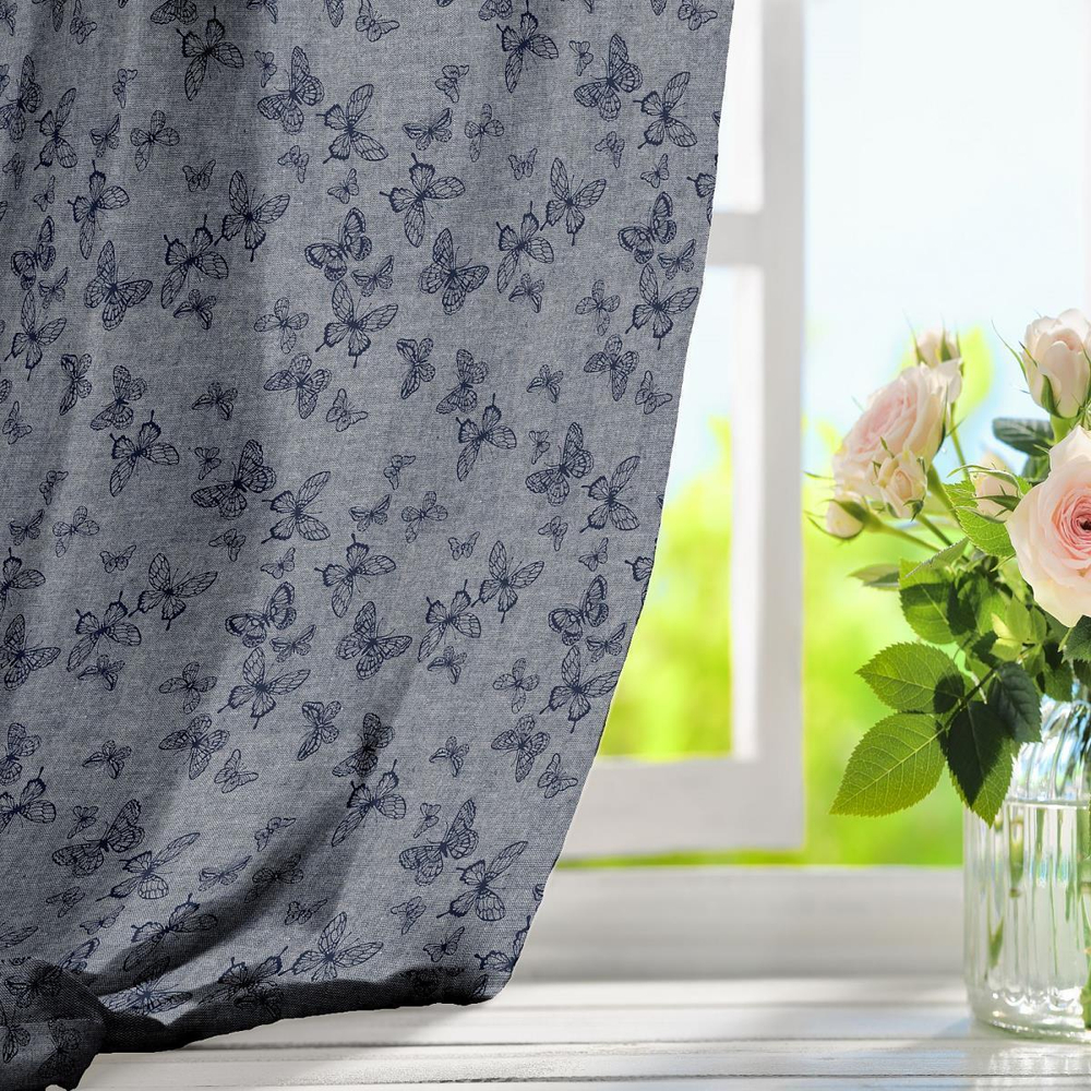 Ткань постельно-плательная Prival Пестроткань Бабочки, джинсовый, 142г/м2, 1.5х2м