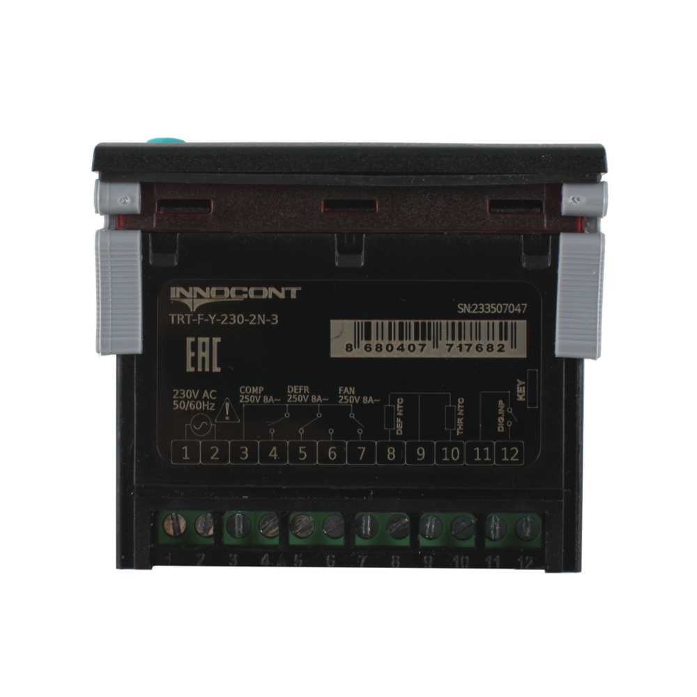 Температурный контроллер INNOCONT для управления охлаждением/размораживанием, 4 разряда, 77х35х61 мм, NTC, выход реле на компрессор, ON/OFF, 230VAC, комплектный фиксатор