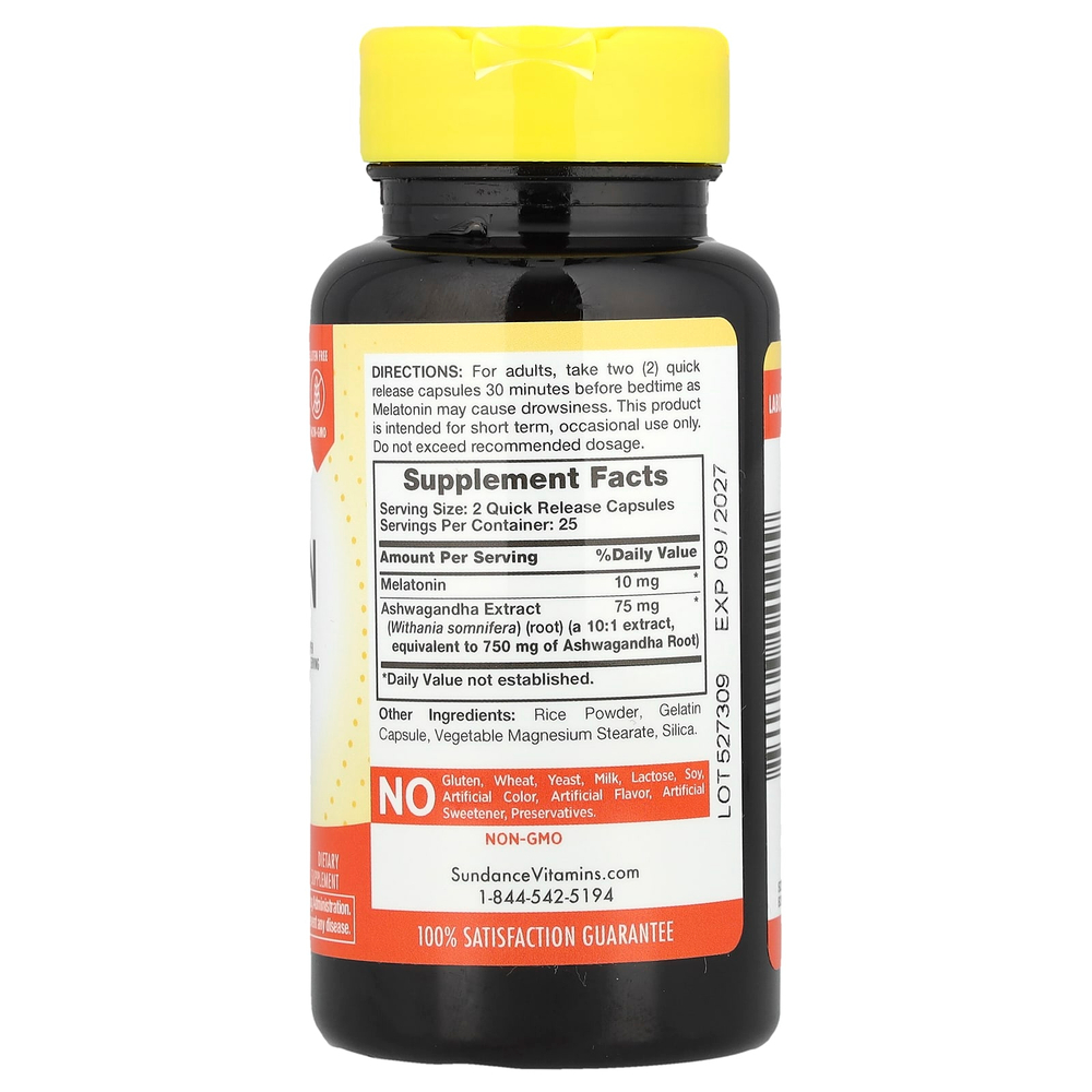 Sundance Vitamins, мелатонин для сна с ашвагандой, 50 капсул с быстрым высвобождением