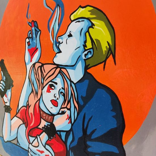 Картина авторская на холсте "Джокер и Харли на закате" (60х60см)