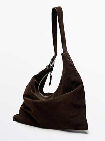 Massimo Dutti Большая замшевая сумка, коричневый
