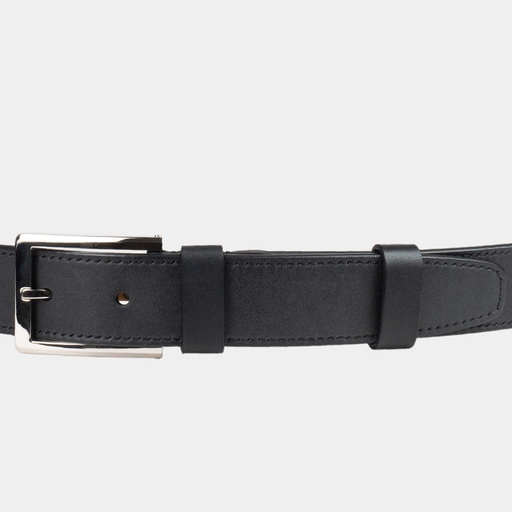 Ремень мужской кожаный из теленка черного цвета в ширина 35мм пряжка Сталь