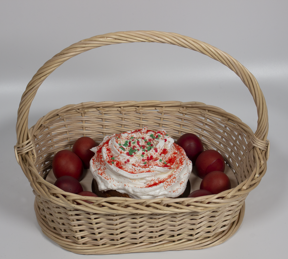 Пасхальная корзинка (глубокая) овальная с вкладышем для яиц и кулича, 36*25 см, высота 11 см, высота с ручкой 30 см