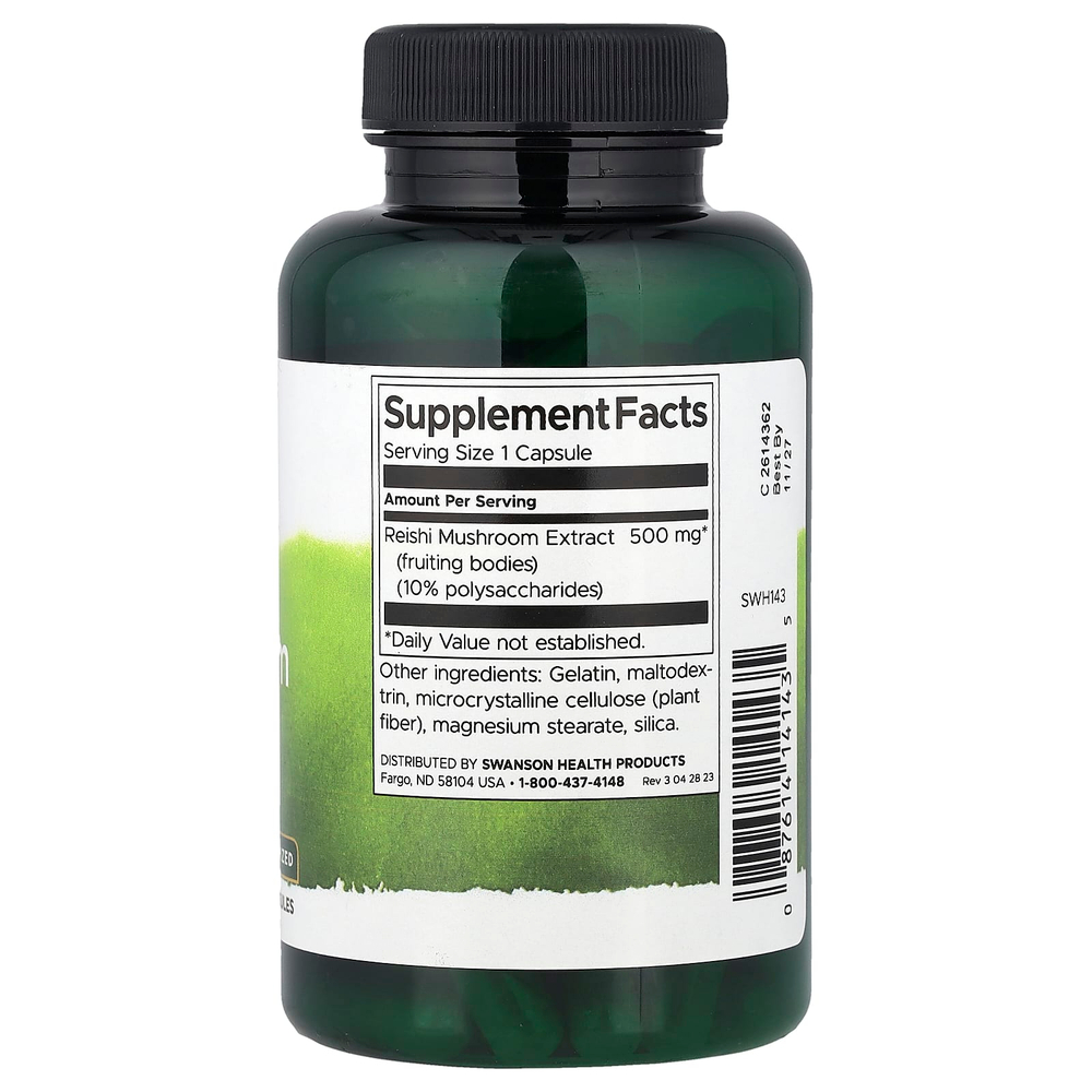 Swanson Vitamins, Экстракт грибов рейши, стандартизированный, 500 мг, 90 капсул
