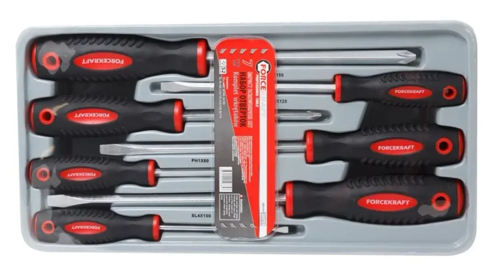 Набор отверток магнитных ''Profi''S2, 7пр. (PH:1x80,2х100,3х150мм, SL:4x100, 5.5х125, 6.5х150, 8х175мм)в лотке FORCEKRAFT FK-20713
