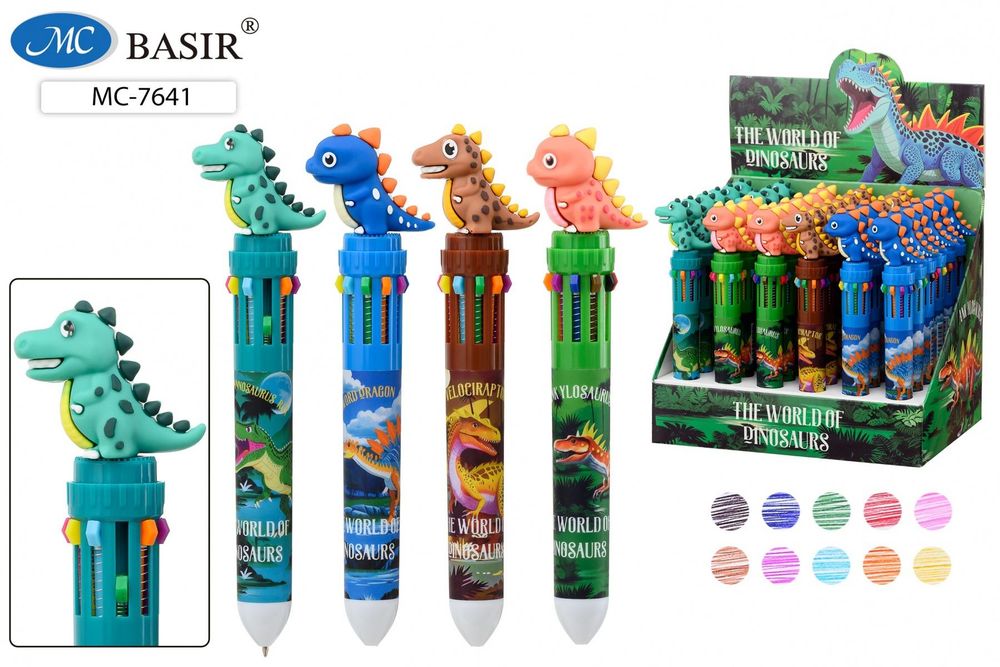 Ручка шарик. автомат. 10цв. 0,5мм. "Динозавр" цветной корпус, ассорти (Basir)