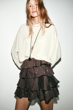 ZARA МИНИ-ЮБКА С ВОЛАНАМИ И ПАЙЕТКАМИ, КОРИЧНЕВЫЙ