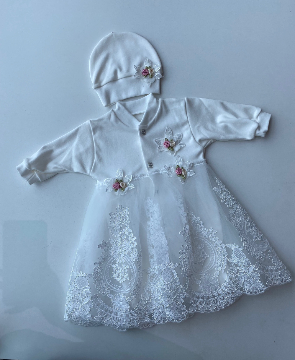 Комплект на выписку "Цветочек" (Комбинезон-платье, шапочка) (Белоснежка) (Цвет: Белый, Размер: 56)