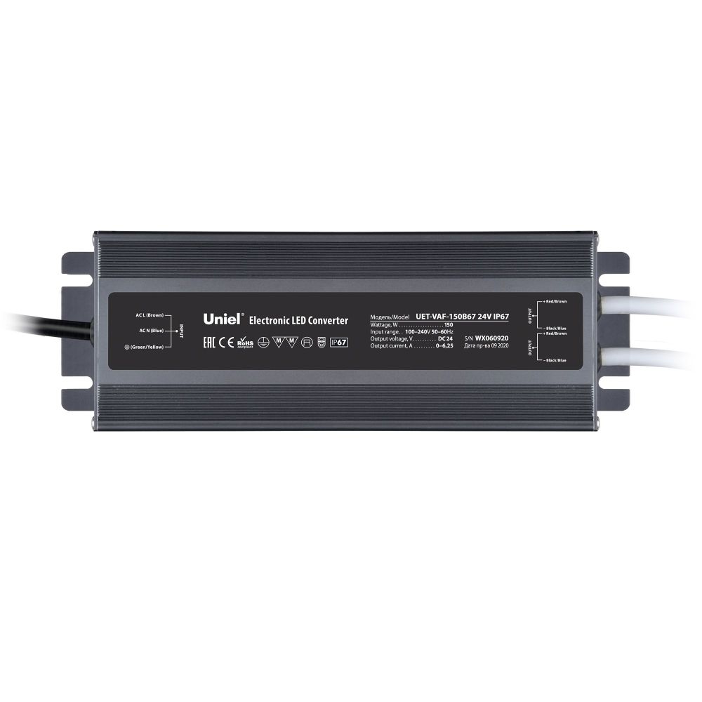 UET-VAF-150B67 24V IP67 2 выхода Блок питания ультратонкий. 150Вт. Металлический корпус. TM Uniel