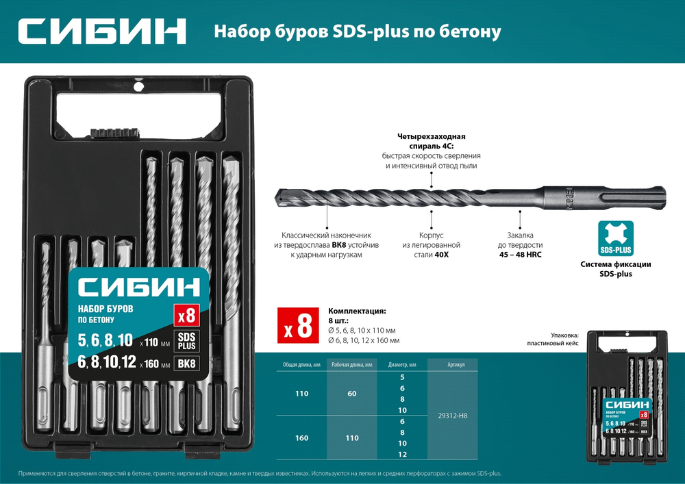 СИБИН Набор буров по бетону SDS-plus 8 шт: 5 х 110, 6 х 110, 8 х 110, 10 х 110, 6 х 160, 8 х 160, 10 х 160, 12 х 160 мм