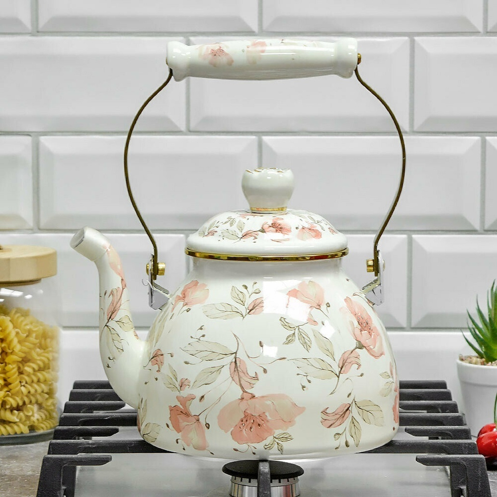 Чайник 2,6л эмаль "Flowers", индукция, комб. ручка "под золото", Z-4501