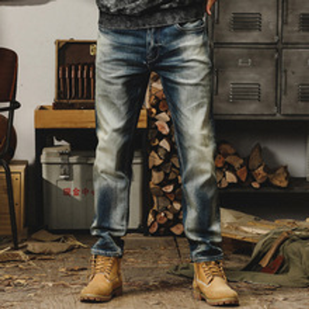 Американский классический ретро 15 унций тяжелые осенние джинсы мужские прямые каменные шлифовальные стирание старые повседневные длинные брюки