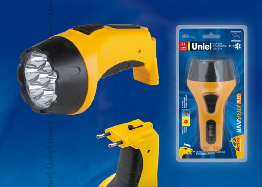 S-RB013-BA Yellow Фонарь Uniel серии Стандарт «Always Ready – 7 LED», пластиковый корпус, 7 LED, упаковка — блистер, 4V 800 mAh Lead Acid в/к, цвет –