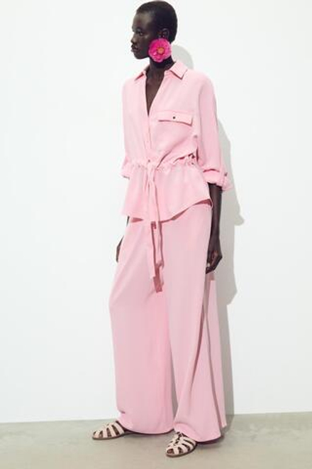 ZARA БРЮКИ WIDE LEG ИЗ КРЕПА, РОЗОВЫЙ