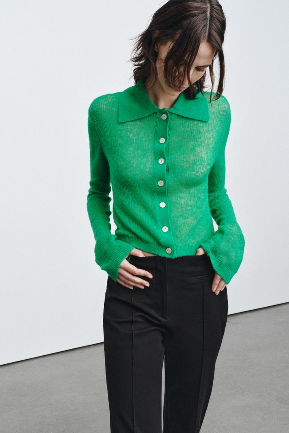 ZARA КАРДИГАН С ВОРОТНИКОМ ПОЛО, ЗЕЛЕНЫЙ