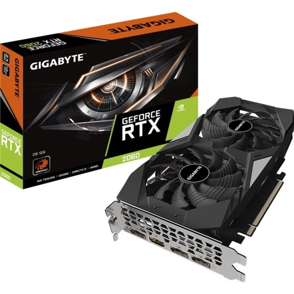 Видеокарта NVIDIA GeForce RTX2060 Gigabyte D6 12Gb PCI-E 3.0, ядро - 1650 МГц, память - 12 Гб GDDR6 14000 МГц, 192 бит, HDMI, 3xDisplayPort GV-N2060D6-12GD