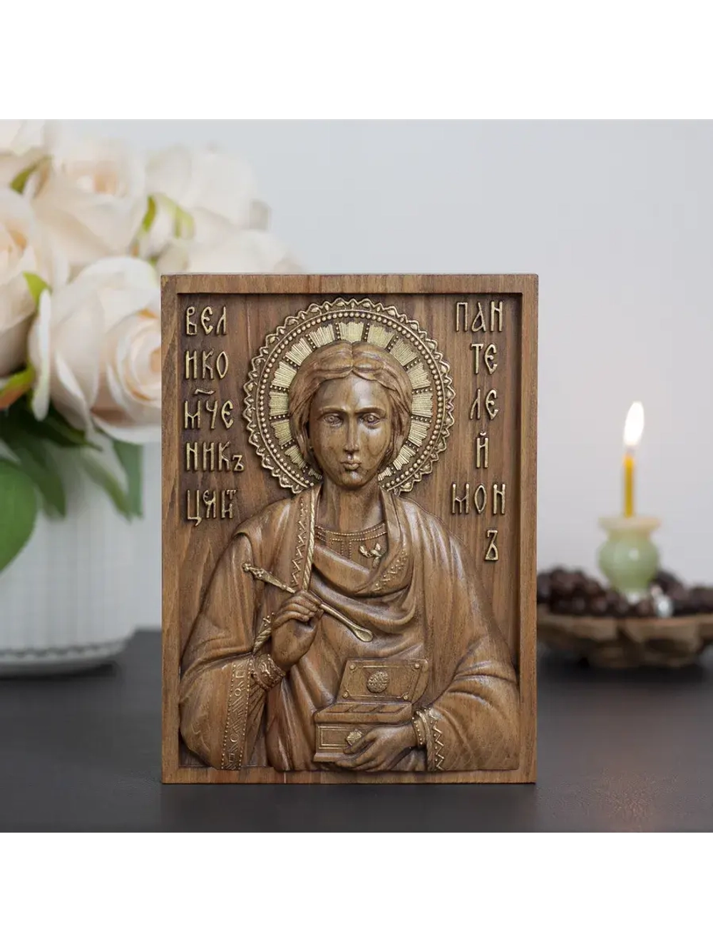 Пантелеймон Целитель икона деревянная резная, бук
