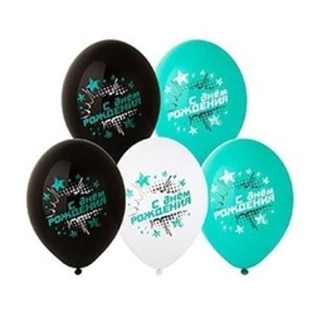 Шар (14"/36 см) ДР Звезды бирюзов 2цв 50 шт.