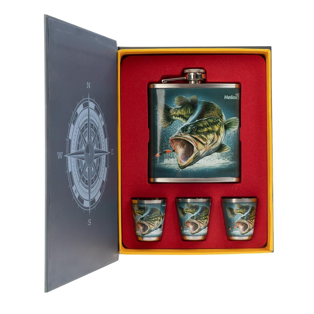Набор Helios Книга Рыбака (фляжка 210мл + 3 стопки) (HS-KR-F-A20)