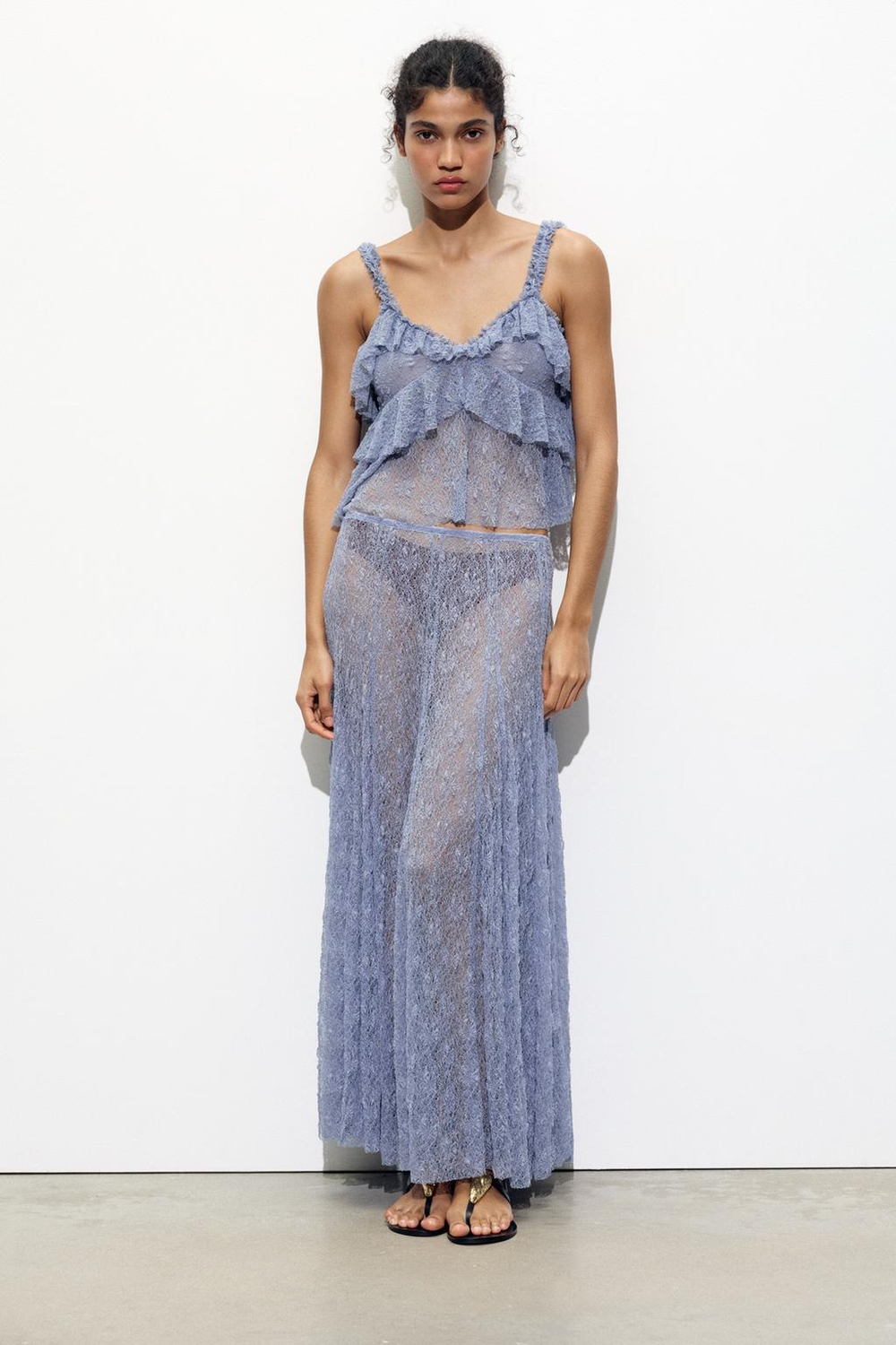 ZARA КРУЖЕВНОЙ ТОП С ВОЛАНАМИ, ВЫЦВЕТШИЙ СИНИЙ