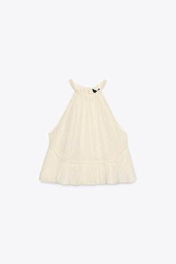 ZARA ТОП ИЗ ШИФОНА С ВЫШИВКОЙ, СВЕТЛО-БЕЖЕВЫЙ