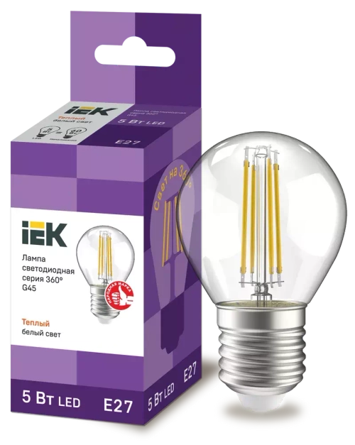 Лампа светодиодная G45 шар прозрач. 5Вт 230В 3000К Е27 серия 360° IEK LLF-G45-5-230-30-E27-CL