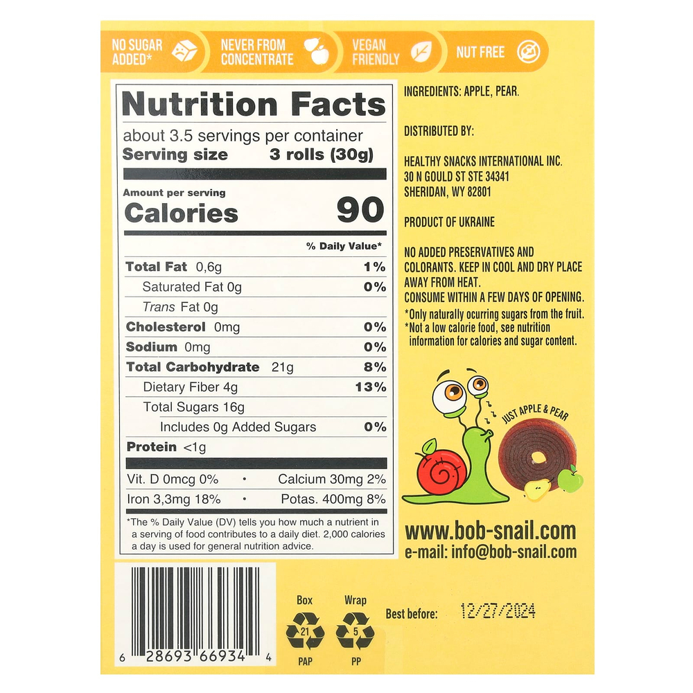 Bob Snail, Фруктовые рулеты, яблоко и груша, 10 пакетиков по 10 г (0,35 унции)