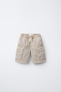 ZARA ШОРТЫ-БЕРМУДЫ ИЗ ТВИЛА С ЭФФЕКТОМ ПОТЕРТОСТИ И КАРМАНАМИ, ПЕСОЧНЫЙ