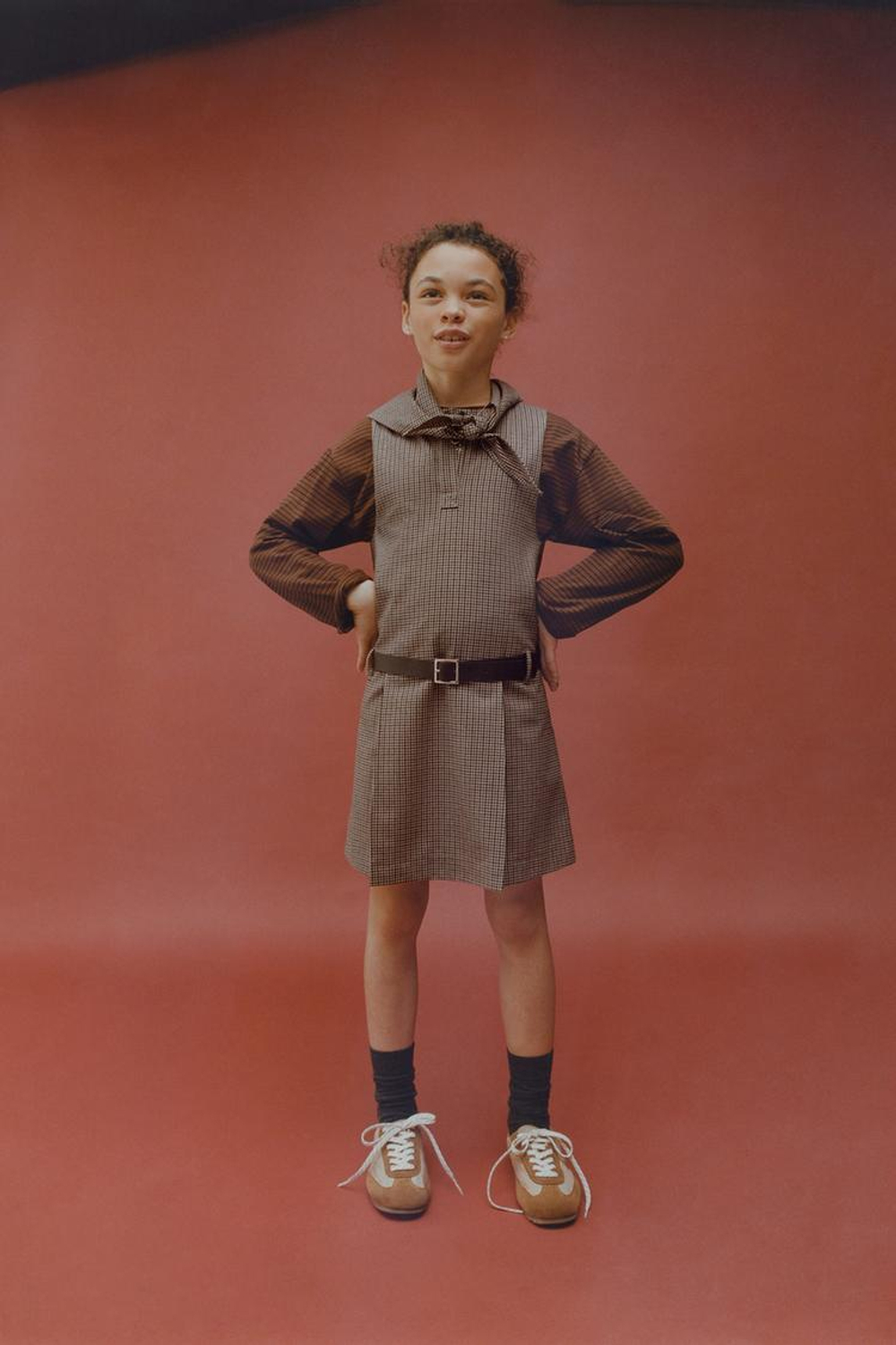 ZARA САРАФАН В КЛЕТКУ СО СЪЕМНЫМ ПЛАТКОМ, РЫЖЕВАТО-КОРИЧНЕВЫЙ