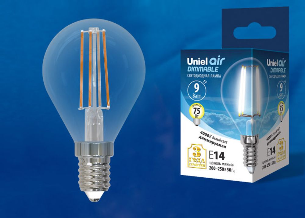 LED-G45-9W/4000K/E14/CL/DIM GLA01TR Лампа светодиодная диммируемая. Форма шар, прозрачная. Серия Air. Белый свет (4000K). Картон. ТМ Uniel.