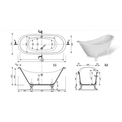 Эстет Скарлетт Ванна на кованой подставке B 180х77